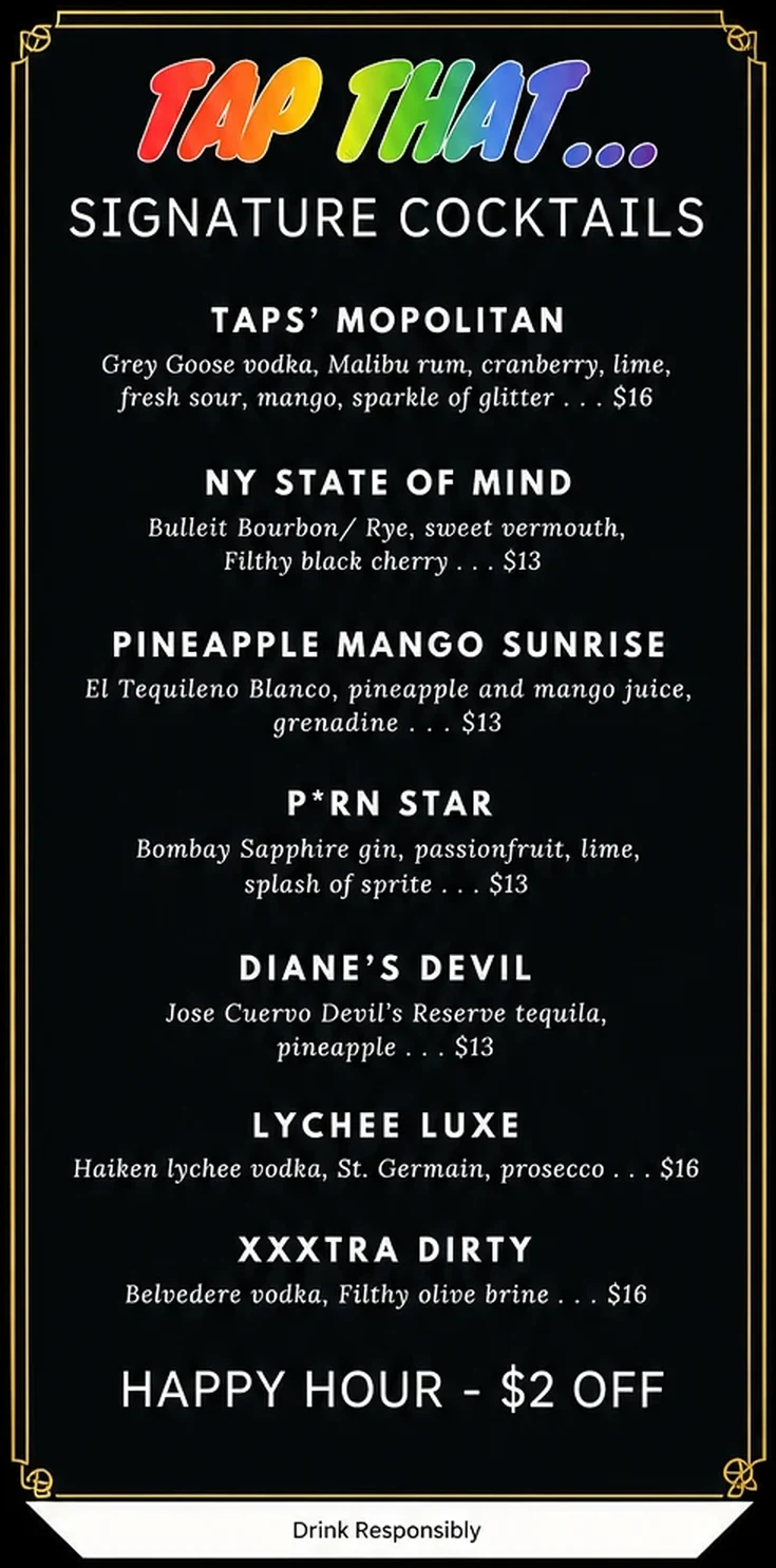 Tap That… signature cocktails, card 2 — Taps' Mopolitan, NY State of Mind, Pineapple Mango Sunrise, P*rn Star, Diane's Devil, Lychee Luxe, Xxxtra Dirty. Happy hour $2 off.